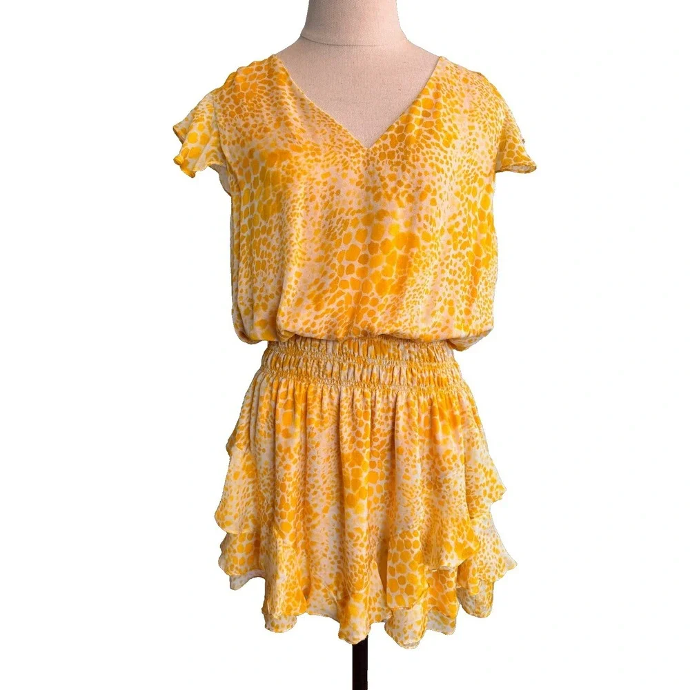 Ramy Brook M Silk Yellow Animal Print Ruffle Simone Mini Dress Pleated Smocked